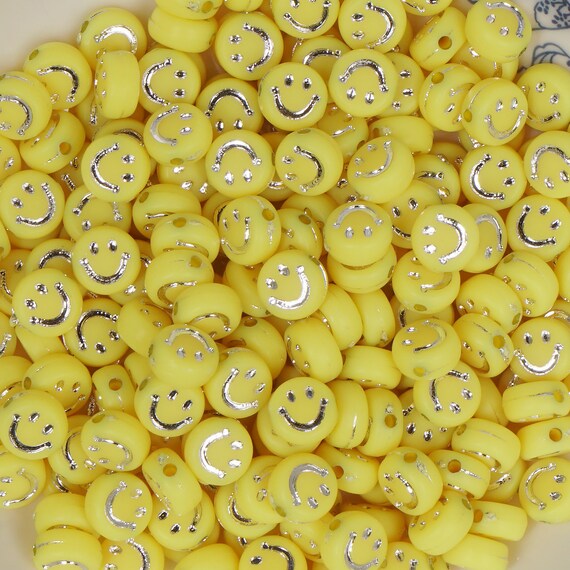 7*3mm Yellow Acrylic Smile Face Beads Flat Round Beads 100 Pcs/Bag 10346250