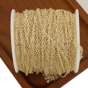 May include: A spool of gold-colored chain, wound tightly and ready to be used for jewelry making or other crafting projects.