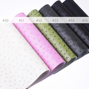 Könnte beinhalten: Sechs Muster aus Kunstleder in verschiedenen Farben, darunter Weiß, Rosa, Grün, Schwarz und Braun. Die Muster sind in einer Reihe angeordnet, wobei das weiße Muster unten und das braune Muster oben liegt. Jedes Muster ist mit einer Nummer von #50 bis #55 gekennzeichnet.