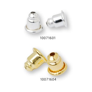 May include: Two pairs of earring backs, one pair is silver and the other is gold. The silver pair is on the top and the gold pair is on the bottom. The product numbers are 10071601 and 10071604.