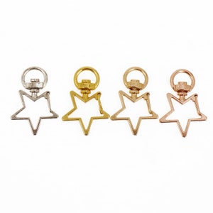 May include: Four star-shaped keyrings with a swivel clasp. The keyrings are available in silver, gold, and rose gold.