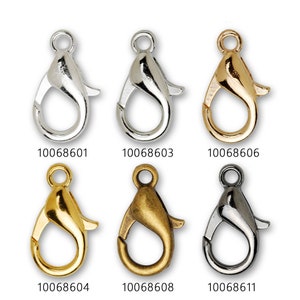 May include: Six silver, gold, and antique gold lobster claw clasps. The clasps are all the same size and shape, but they are different colours. The clasps are used for jewellery making.