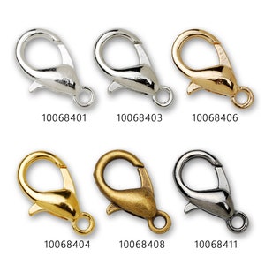 May include: Six silver, gold, and antique gold lobster claw clasps. The clasps are all the same size and shape, but they are different colours. The clasps are used for jewellery making.