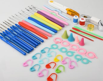1 Set (55 Pieces) Crochet Hooks Set Silicone+Aluminum Ergonomic Plastic Crochet Hooks 140mm Length 10317150