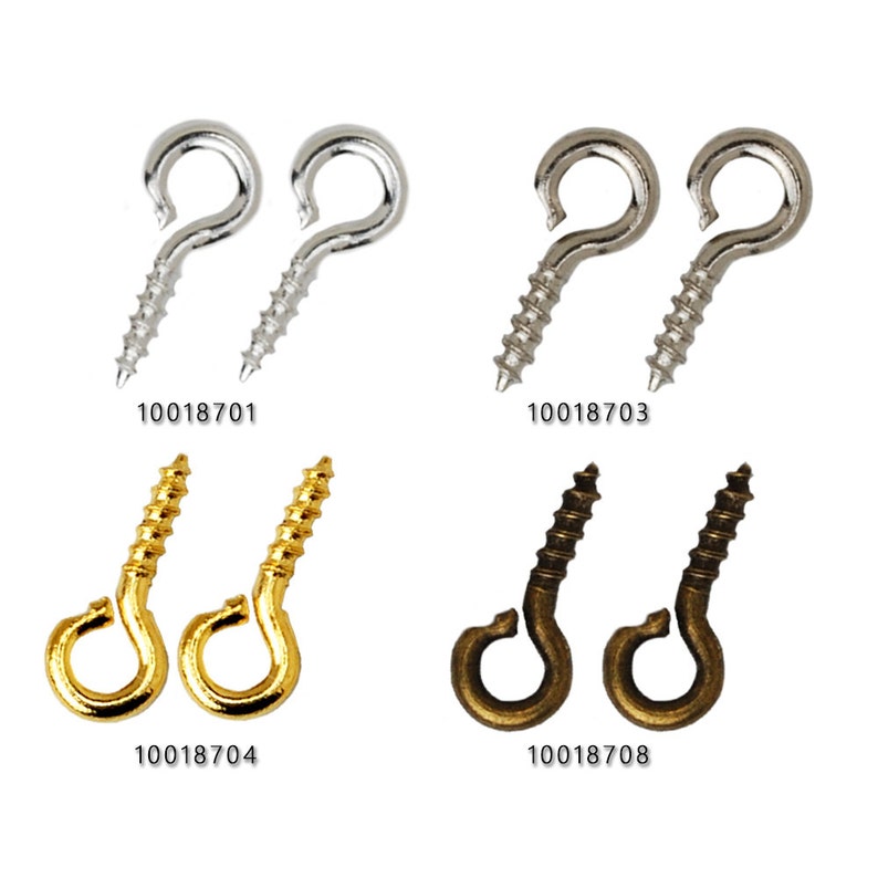 Peut inclure: Quatre ensembles de crochets &agrave; visser, deux argent&eacute;s, deux dor&eacute;s et deux bronz&eacute;s. Chaque ensemble contient deux crochets. Les crochets sont tous de la m&ecirc;me taille et de la m&ecirc;me forme, avec une petite boucle en haut et un filetage de vis en bas. Les num&eacute;ros de produit sont 10018701, 10018703, 10018704 et 10018708.