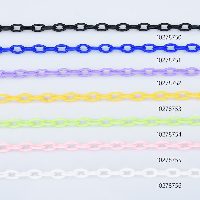 May include: A set of seven plastic chains in different colours: black, blue, purple, yellow, green, pink, and white. Each chain is approximately 10 inches long and has a classic oval link design.