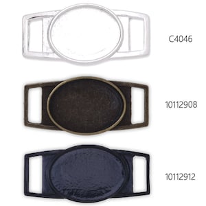 May include: Three metal oval-shaped blanks for jewelry making. The blanks are silver, bronze, and black. The blanks are 1.5 inches long and 0.75 inches wide. The blanks have a hole on each side for attaching to a chain or cord. The blanks are labeled with the product numbers C4046, 10112908, and 10112912.