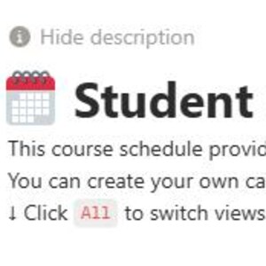Könnte beinhalten: Digitales Dokument mit dem Titel "Student Course Schedule" und einem Kalendersymbol. Der Text beschreibt einen Zeitplan für wöchentliche Aufgaben und Prüfungen, mit dem Benutzer benutzerdefinierte Kategorien erstellen können.