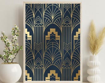 Art Deco Geometric Print: Navy Blue with Gold Fan Design