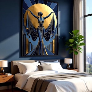 a modern bedroom with a large, colorful painting of a woman with outstretched arms as the focal point. The room has a blue and white color scheme, with a large window providing natural light. The bed is neatly made, and there are lamps on either side of the bed. The overall atmosphere of the room is bright and inviting.
