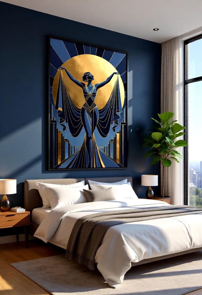 a modern bedroom with a large, colorful painting of a woman with outstretched arms as the focal point. The room has a blue and white color scheme, with a large window providing natural light. The bed is neatly made, and there are lamps on either side of the bed. The overall atmosphere of the room is bright and inviting.