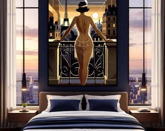 1920s Flapper Art Print - Paris Balcony with Eiffel Tower Sunset