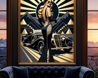 Flapper Wall Art: 1920s Glamour with Vintage Car - Gold and Black