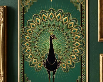 Emerald Peacock Wall Art - Gold Details, Vintage Style Print