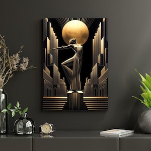 an Art Deco style painting of a woman in a flowing dress standing in front of a large golden sun, with a cityscape in the background. The painting is displayed on a wall above a shelf with various decorative items, including a clock, a vase, and a potted plant.