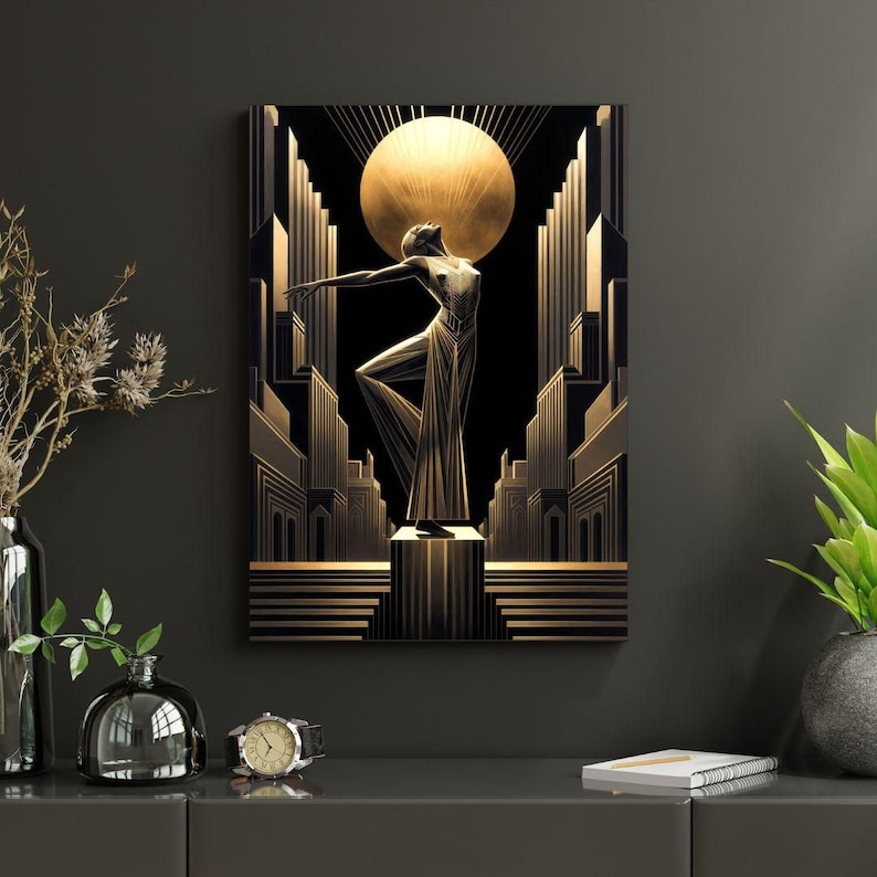an Art Deco style painting of a woman in a flowing dress standing in front of a large golden sun, with a cityscape in the background. The painting is displayed on a wall above a shelf with various decorative items, including a clock, a vase, and a potted plant.