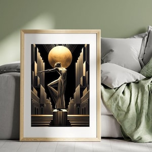 an Art Deco style painting of a woman in a golden dress standing on a pedestal, with a large golden circle above her. The painting is framed and placed on a white wall, with a gray couch and a green blanket visible in the background.