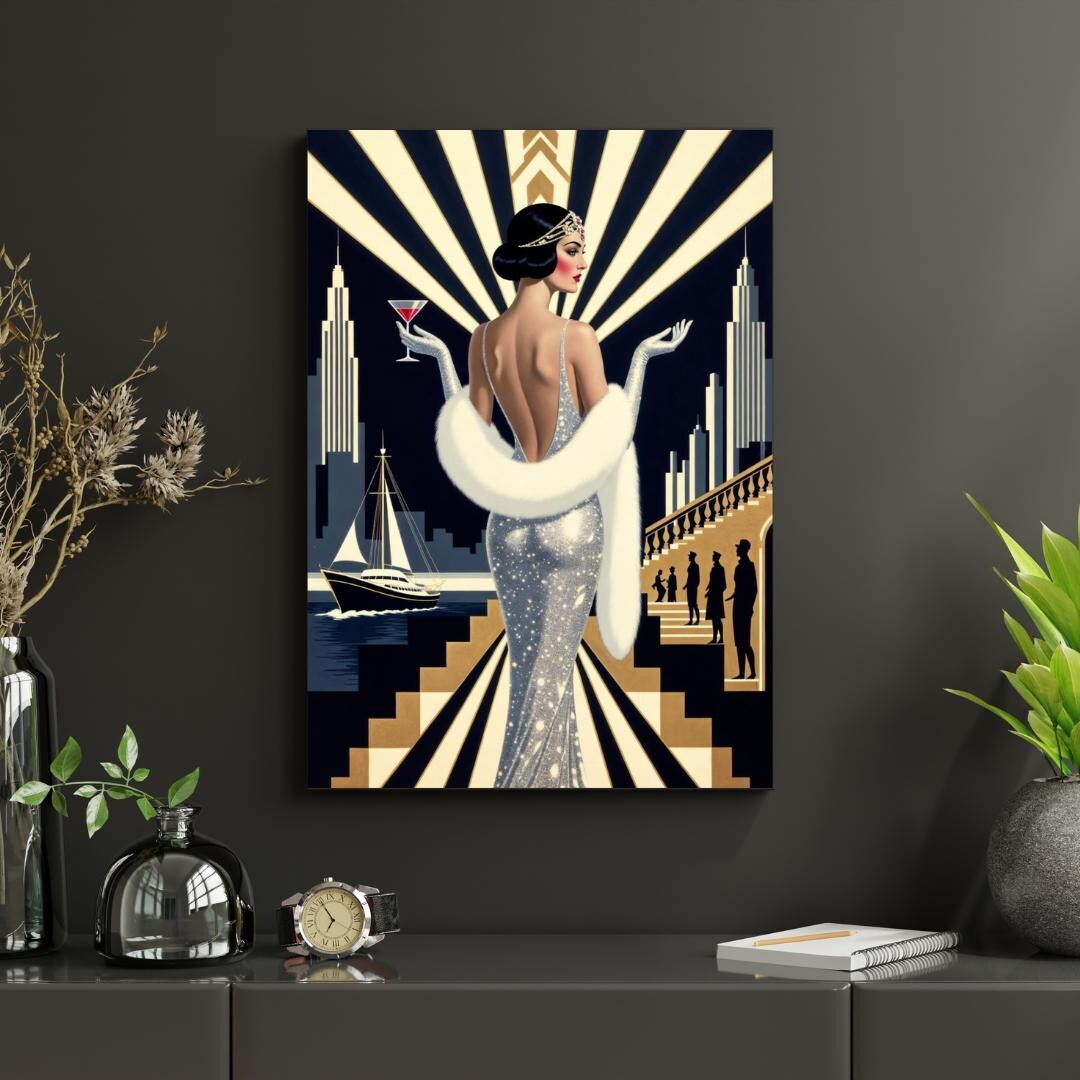 1920s Glamour Art Deco Flapper Print - Manhattan Skyline Gold & Black ...