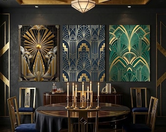 Bold Geometric Art Deco Prints: Trio Set in Navy, Gold, and Emerald