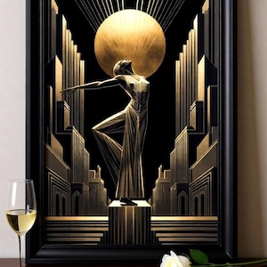 an Art Deco-style painting of a woman in a flowing dress standing on a pedestal, with a large golden sun in the background. The painting is framed in black and is displayed on a wooden surface, with a glass of wine and a white rose nearby.