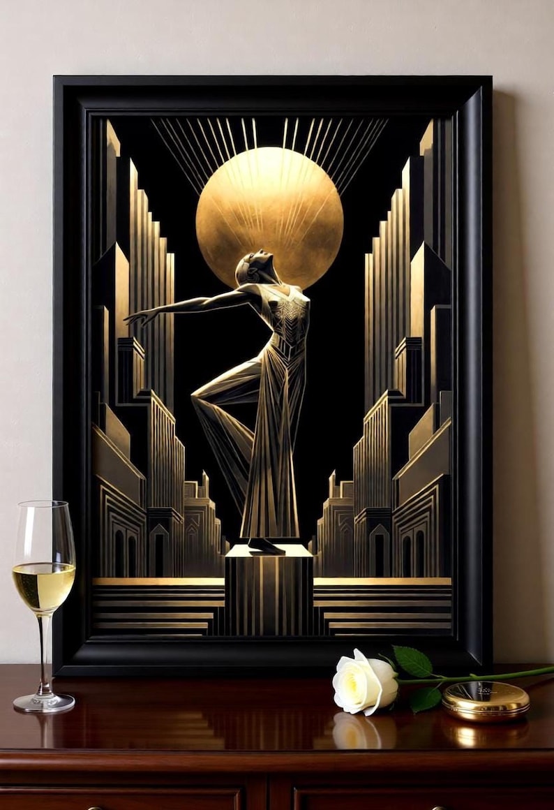an Art Deco-style painting of a woman in a flowing dress standing on a pedestal, with a large golden sun in the background. The painting is framed in black and is displayed on a wooden surface, with a glass of wine and a white rose nearby.