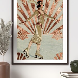 Ice Skater Wall Art: 1920s Flapper Style - Copper and Cream Tones