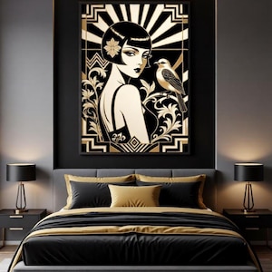 Lámina artística de los años 20 con diseño de pájaros dorados y negros.