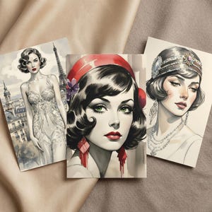 Art Deco Flapper Portraits, Vintage Style Trio (Rote Schals, Perlen)