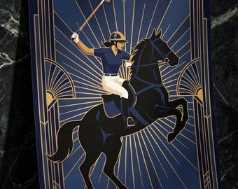 Equestrian Polo Art Print - Navy Blue and Gold Wall Decor