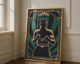 Art Deco Boxer Silhouette Print, Black Gold Green, 1920s Boxing Wall Art Poster