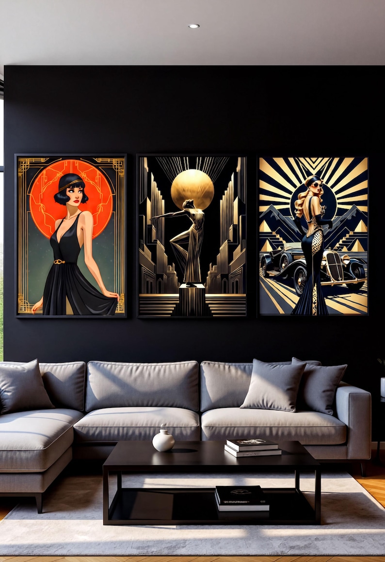 a modern living room with a gray sofa and a black coffee table. Above the sofa, there are three framed artworks displayed on the wall, each depicting a woman in a different style of dress.