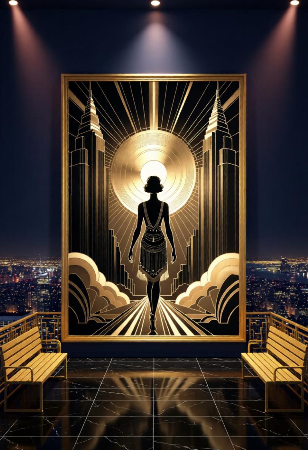 1920s Glamour Art Deco Print – Flapper and Manhattan Skyline in Gold ...