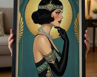 Art Deco Flapper Print: Vintage Glamour - Emerald Green Gold Halo