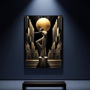 an art piece with a golden figure standing in front of a cityscape, illuminated by a spotlight.