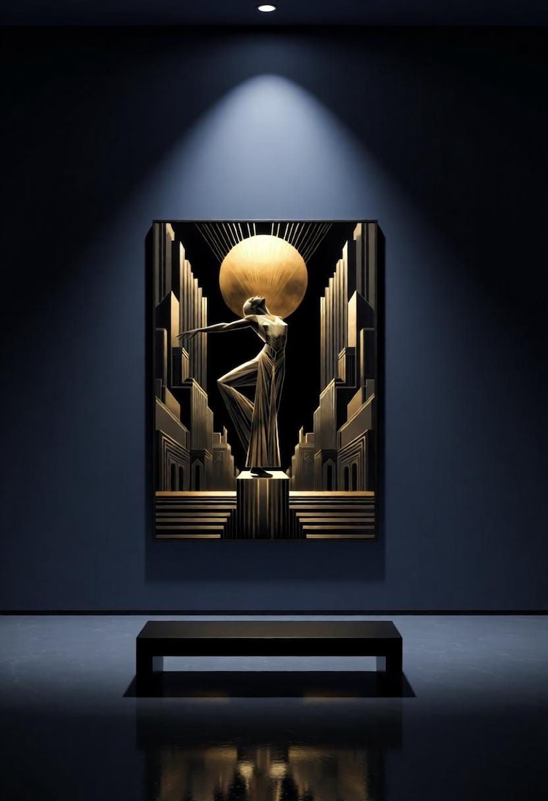 an art piece with a golden figure standing in front of a cityscape, illuminated by a spotlight.