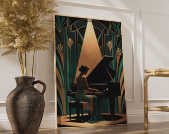 Art Deco Piano Flapper Print, Emerald Green Gold 1920s Glamour Portrait Poster