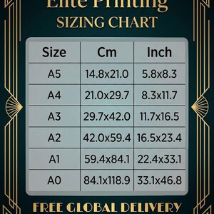 The image is a detailed chart that provides sizes and dimensions for various types of printing paper, including A5, A4, A3, A2, A1, and A0. The chart is presented in a clear and organized manner, with each size listed along with its corresponding dimensions. The chart also includes a note that the company offers free global delivery on all orders, indicating that customers can expect their orders to be shipped worldwide without incurring additional shipping costs.