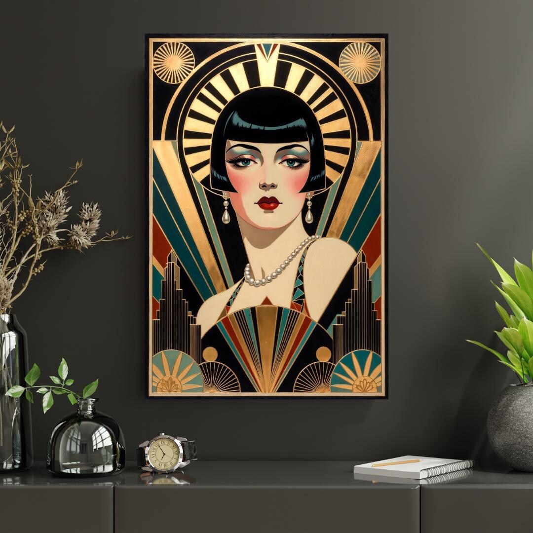 Art Deco Flapper Portrait - Teal & Gold 1920s Glamour Wall Art - Etsy