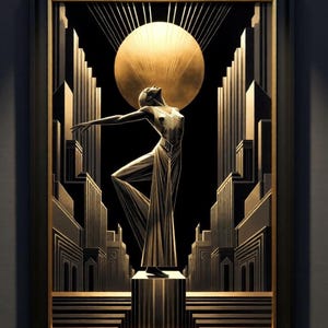 The image is an art piece featuring a stylized depiction of a woman in a flowing dress standing on a pedestal, with a large golden sun in the background.