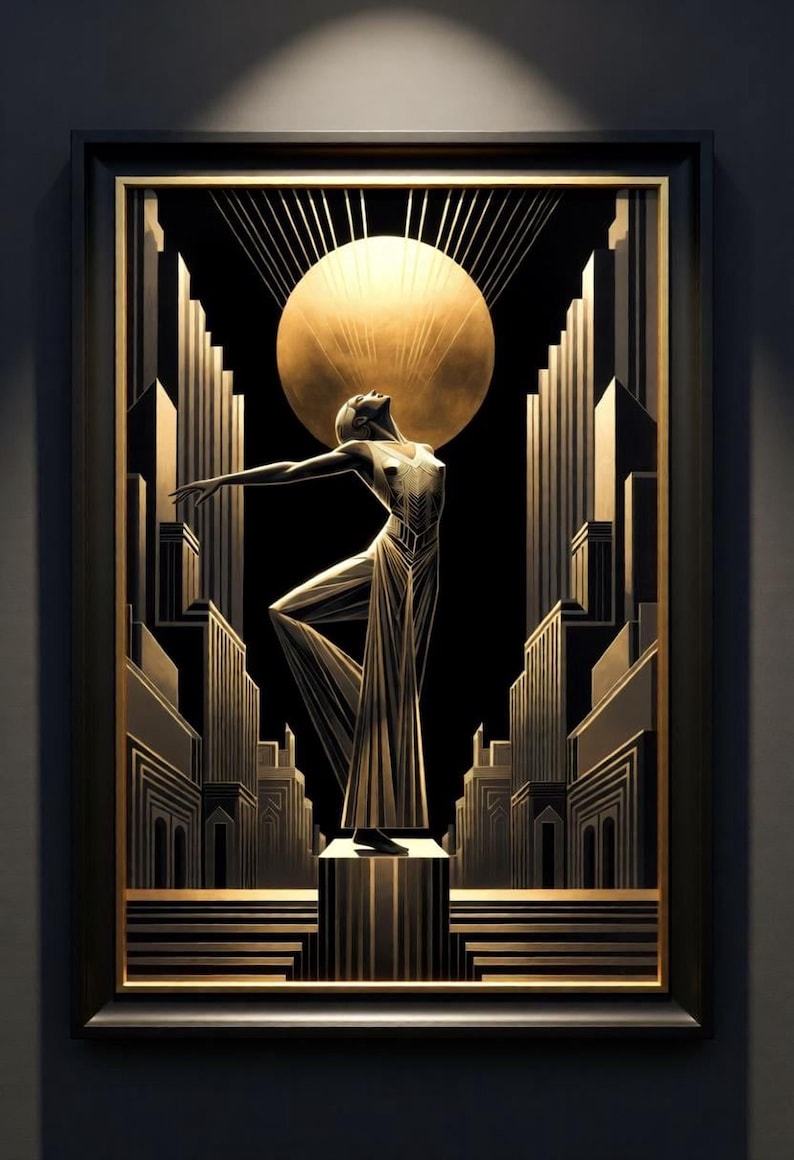 The image is an art piece featuring a stylized depiction of a woman in a flowing dress standing on a pedestal, with a large golden sun in the background.