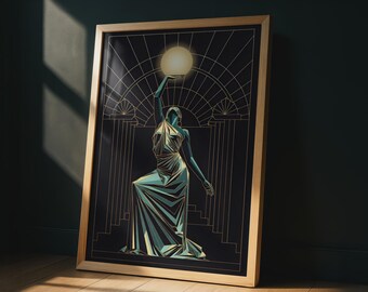 Art Deco Goddess Globe Lamp Poster, Black Gold Teal, 1920s Geometric Figure Wall Art