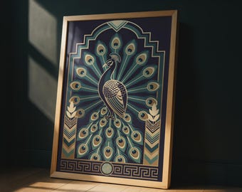 Art Deco Peacock Print, Navy Gold Geometric Bird Poster, 1920s Glamour Wall Art