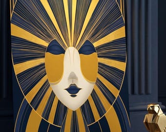 Sunburst Sovereign Mask Print - Gold Rays on Deep Navy Wall Art