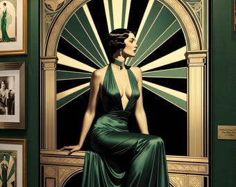 Emerald Green Flapper Art Print - Vintage 1920s Style
