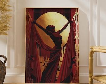 Art Deco Dancer Poster, Golden Drape Figure, Deep Red Gold Glamour Print