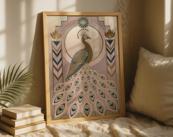 Art Deco Peacock Print, Rose Gold Champagne Geometric Bird Poster, 1920s Wall Art