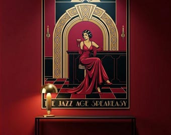 Speakeasy Siren Art Deco Print, 1920s Jazz Age (Deep Red, Gold, A5-A0)