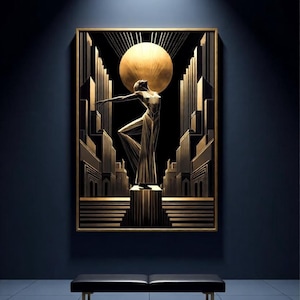 a large, ornate gold painting of a woman in a flowing dress, set against a dark background with a large sun in the center. The painting is displayed on a wall, with a bench positioned in front of it.