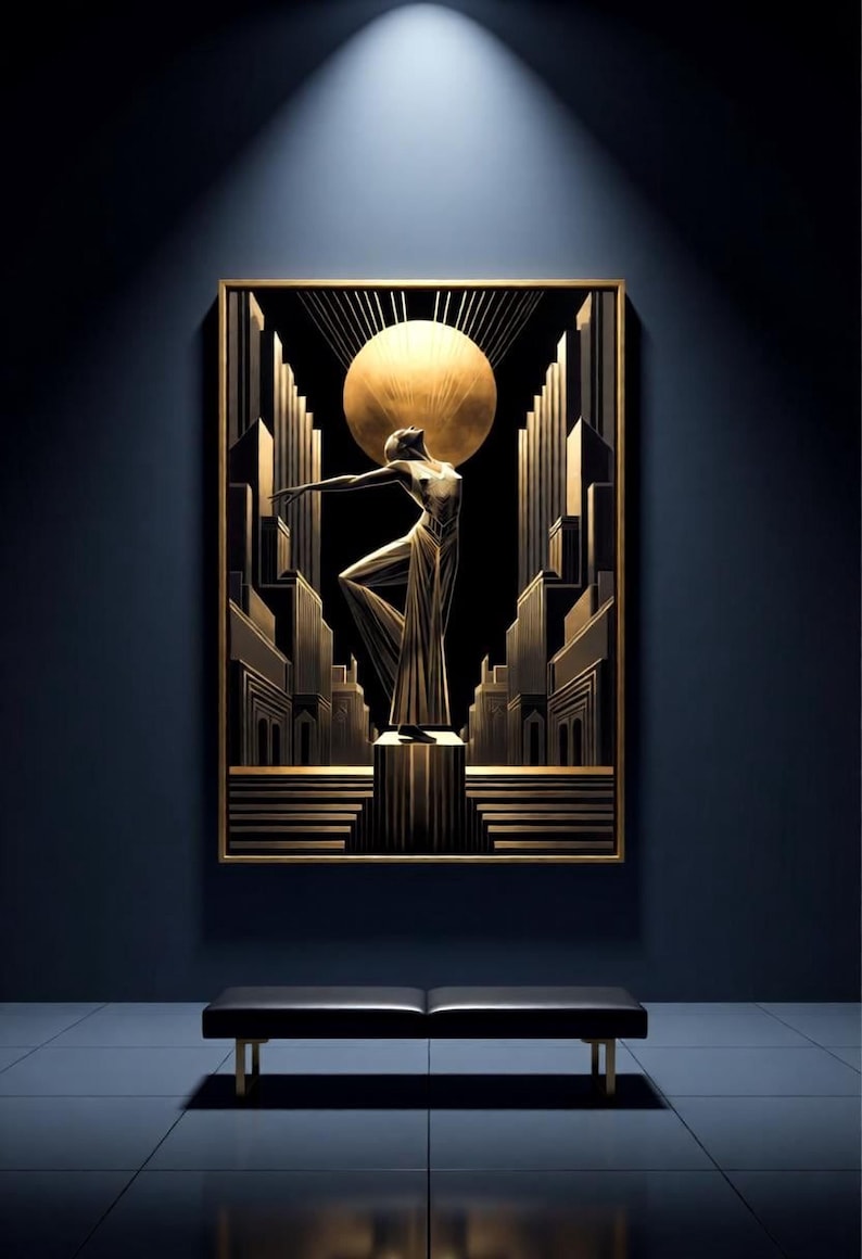 a large, ornate gold painting of a woman in a flowing dress, set against a dark background with a large sun in the center. The painting is displayed on a wall, with a bench positioned in front of it.