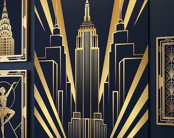 Empire State Building Print: Navy Blue Gold Art Deco